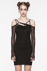 Robe gothique noire à épaules dénudées avec coutures en mesh pour femmes